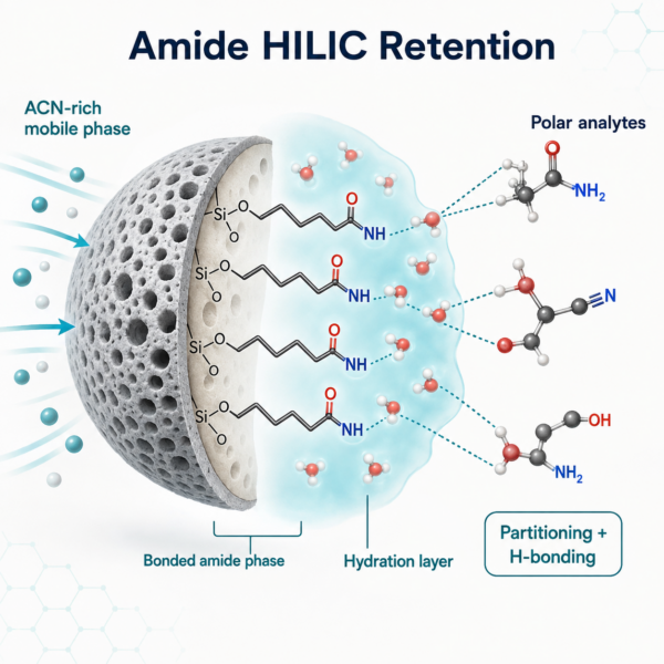 Diagram of C18 reversed-phase retention: a porous silica particle with bonded octadecyl (C18) chains retaining non-polar and moderately polar analytes from a polar aqueous-organic mobile phase via hydrophobic interaction