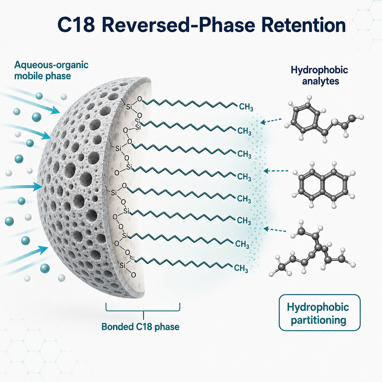Diagram of amide HILIC retention: a porous silica particle with bonded amide phase and a water hydration layer retaining polar analytes from an acetonitrile-rich mobile phase via partitioning and hydrogen bonding