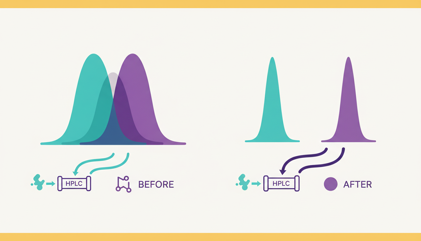 A clear before-after chromatogram with two overlapping peaks transformed into two baseline-separated peaks.