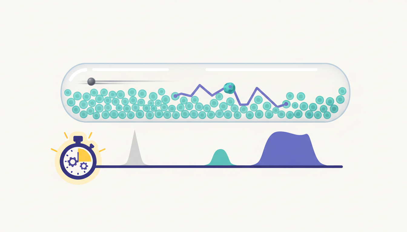 Illustration of unretained marker versus retained analyte through a chromatography column and two peaks at different times.
