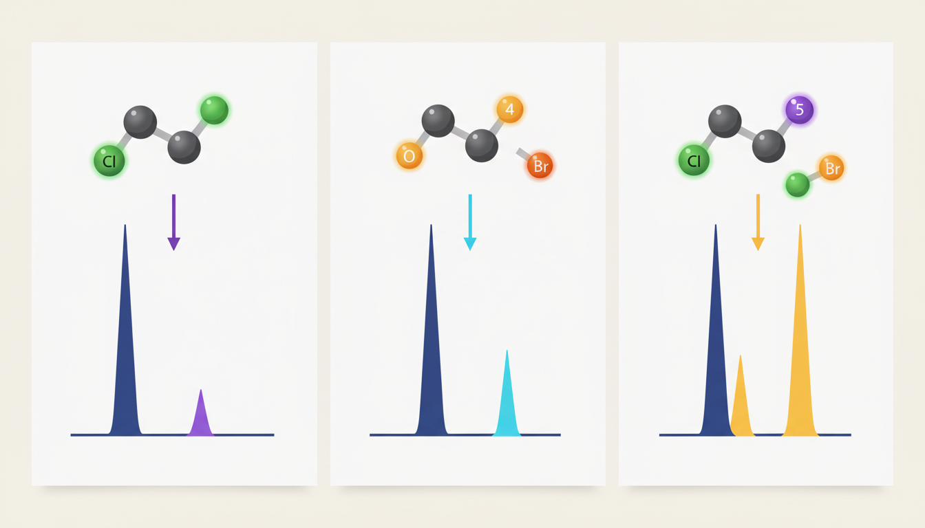 A mass spectrum diagram showing isotope peak clusters for carbon, chlorine and bromine, with tall and short colored lines.
