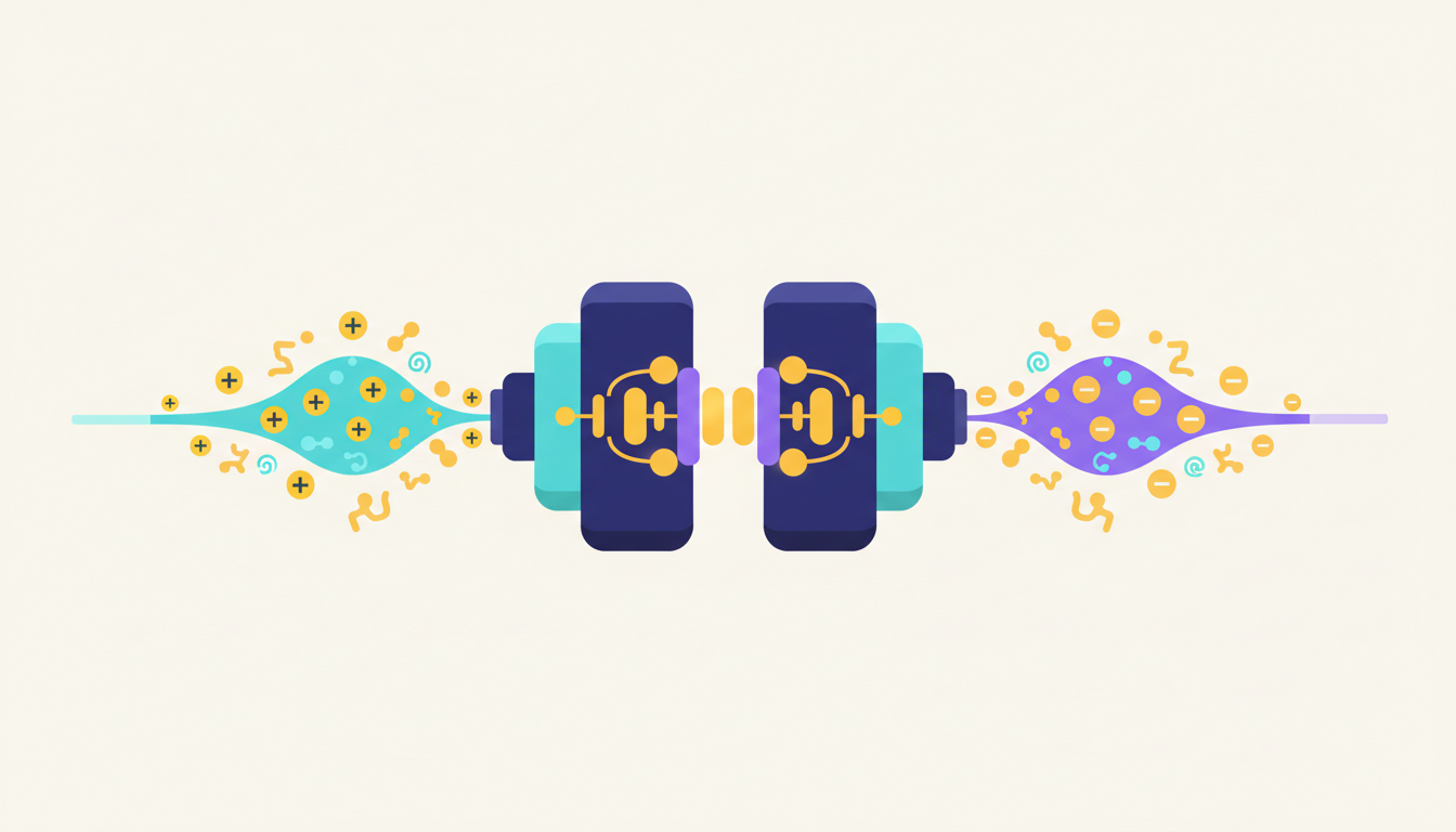 An infographic showing positive and negative electrospray ionization with complementary ionic molecules.